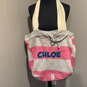 MV Sport gray/pink stripe sweatshirt jersey lined drawstring “Chloe” large tote.